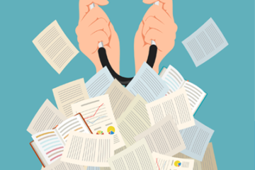 A doctor's hands emerging from a pile of information