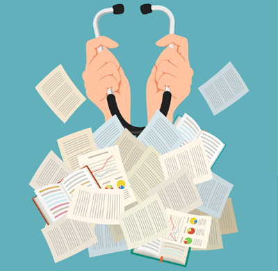 A doctor's hands emerging from a pile of information